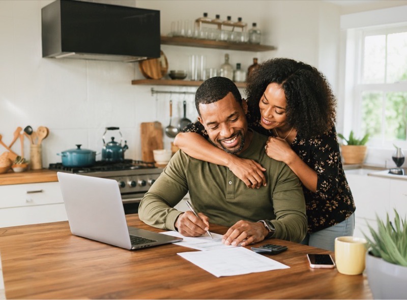 Couple reviewing documents together at a kitchen table