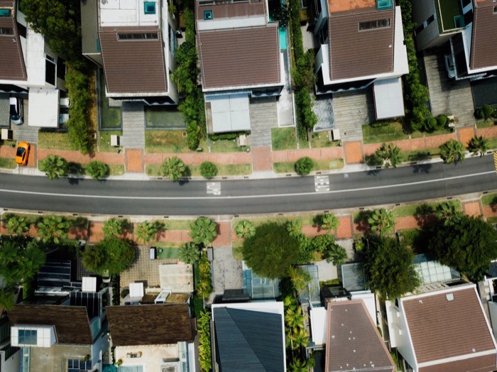 Aerial view of a suburban neighborhood