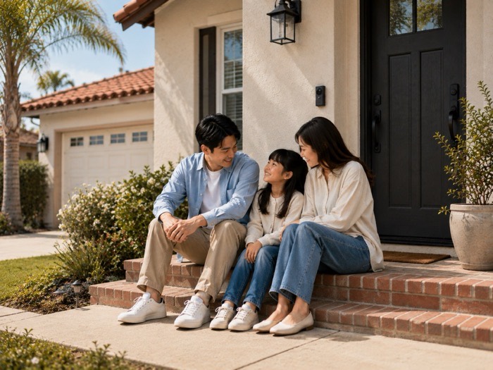 Family sitting together on the front steps of their home