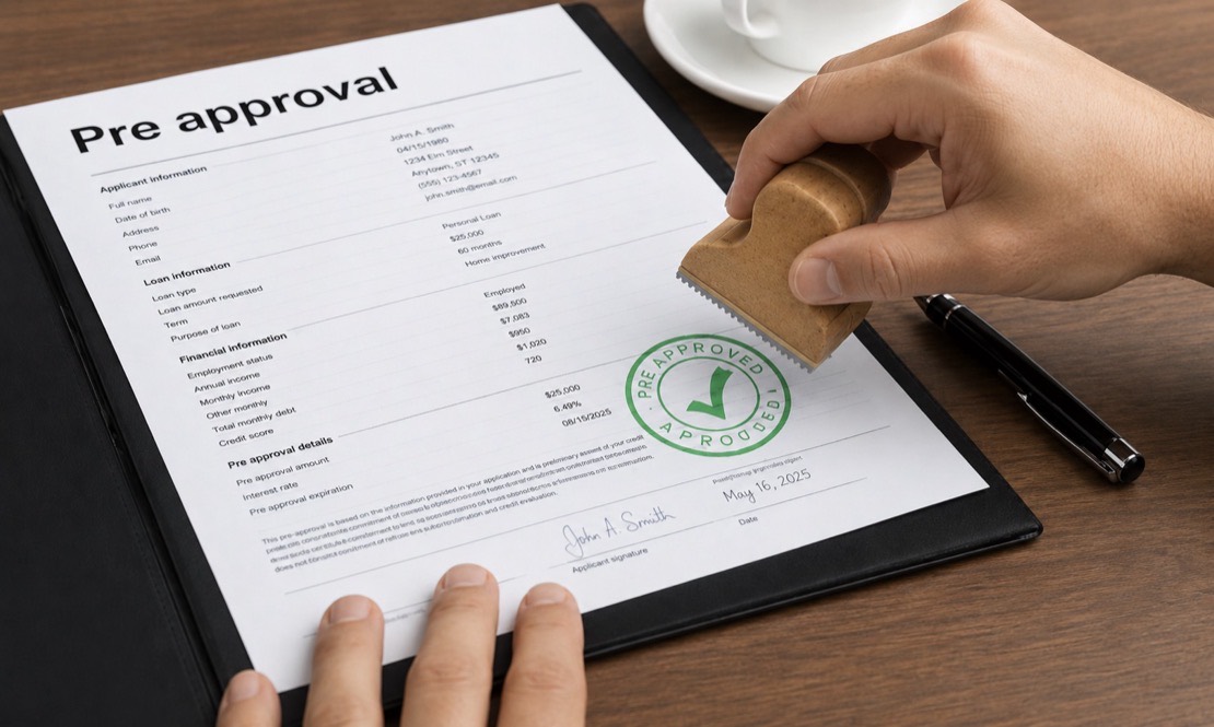 Pre-approval document stamped PRE APPROVED