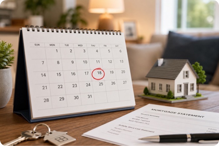 Desk calendar with a circled date, house model, and keys