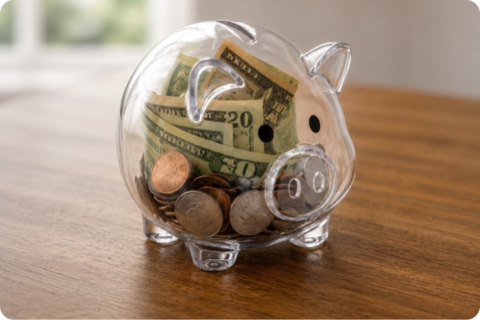 Glass piggy bank filled with coins and rolled bills