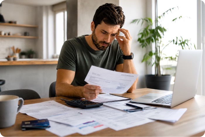 Person reviewing bills and financial documents at a table