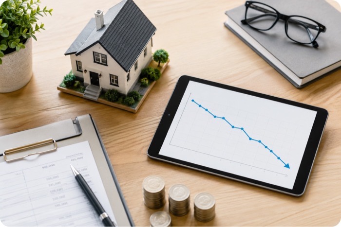 Tablet showing a downward rate chart beside a model house and coins